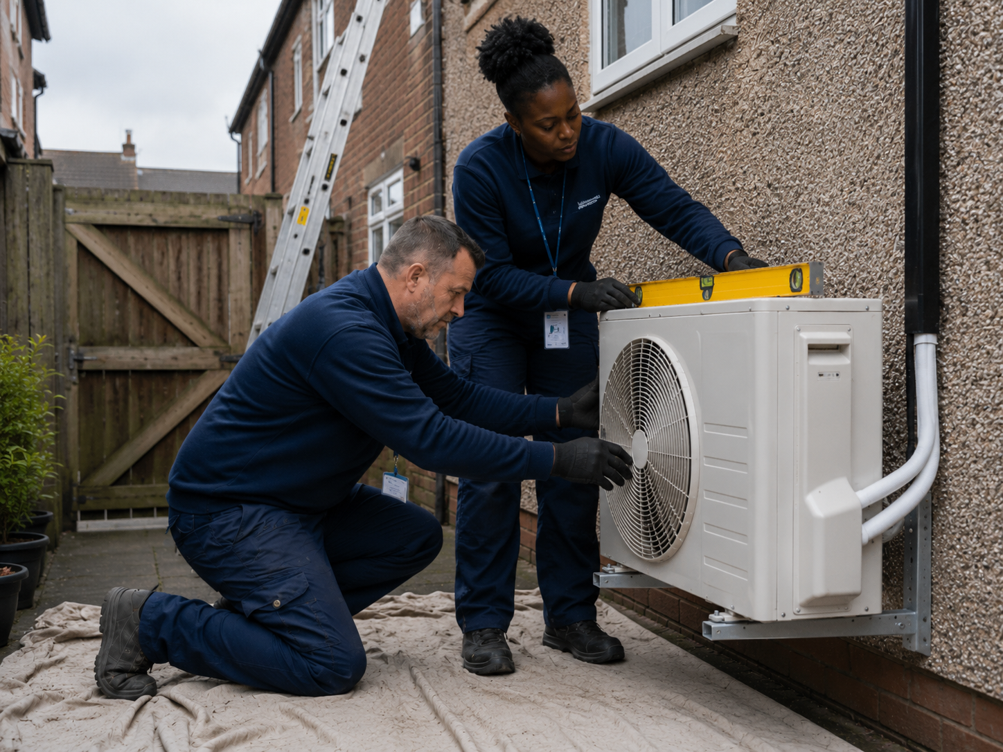 Commercial air conditioning installers fitting an outdoor unit